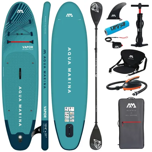 Deska SUP Aqua Marina Vapor 10'4" BT-23VAP z wiosłem i siedziskiem kajakowym, pompką elektryczną AM EP-T16 i bojką na wiosło