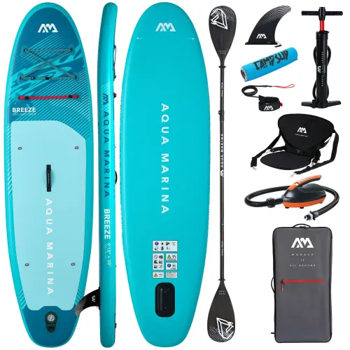 Deska SUP Aqua Marina Breeze 9'10" z wiosłem i siedziskiem kajakowym, pompką elektryczną AM EP-T16 i bojką na wiosło