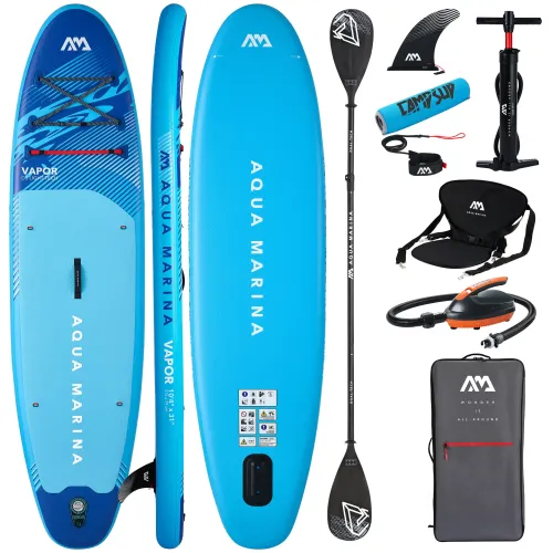 Deska SUP Aqua Marina Vapor 10'4" z wiosłem i siedziskiem kajakowym, pompką elektryczną AM EP-T16 i bojką do wiosła
