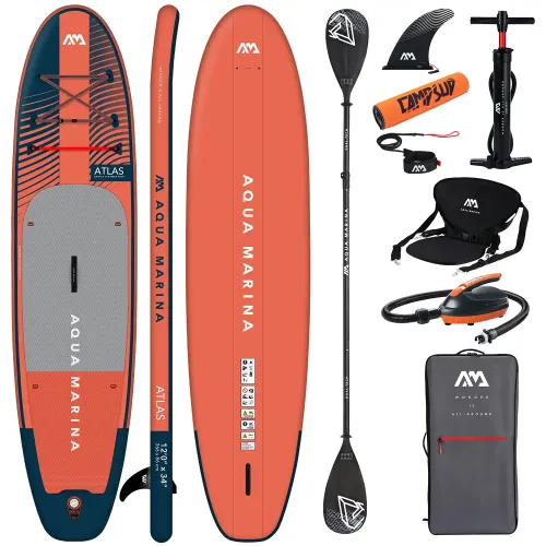 Deska SUP Aqua Marina Atlas 12'0" BT-23ATP z wiosłem i siedziskiem kajakowym, pompką elektryczną AM EP-T16 i bojką na wiosło