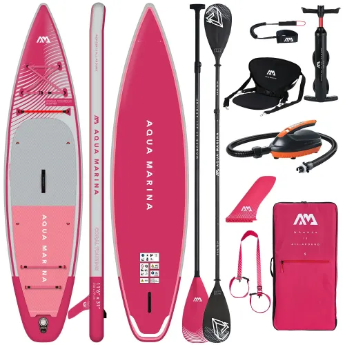 Deska SUP Aqua Marina Coral Touring 11'6" BT-23CTPR Raspberry z wiosłem i siedziskiem kajakowym, pompką elektryczną AM EP-T16 i bojką na wiosło