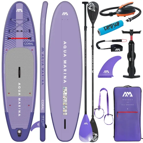 Deska SUP Aqua Marina Coral 10'2" BT-23COPN z wiosłem i siedziskiem kajakowym, pompką elektryczną AM EP-T16 oraz  bojką na wiosło