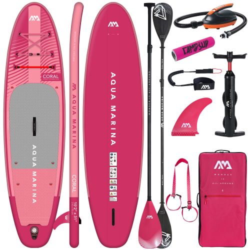 Deska SUP Aqua Marina Coral 10'9" BT-23COPR Raspberry z wiosłem i siedziskiem kajakowym, pompką elektryczną AM EP-T16 i bojką na wiosło